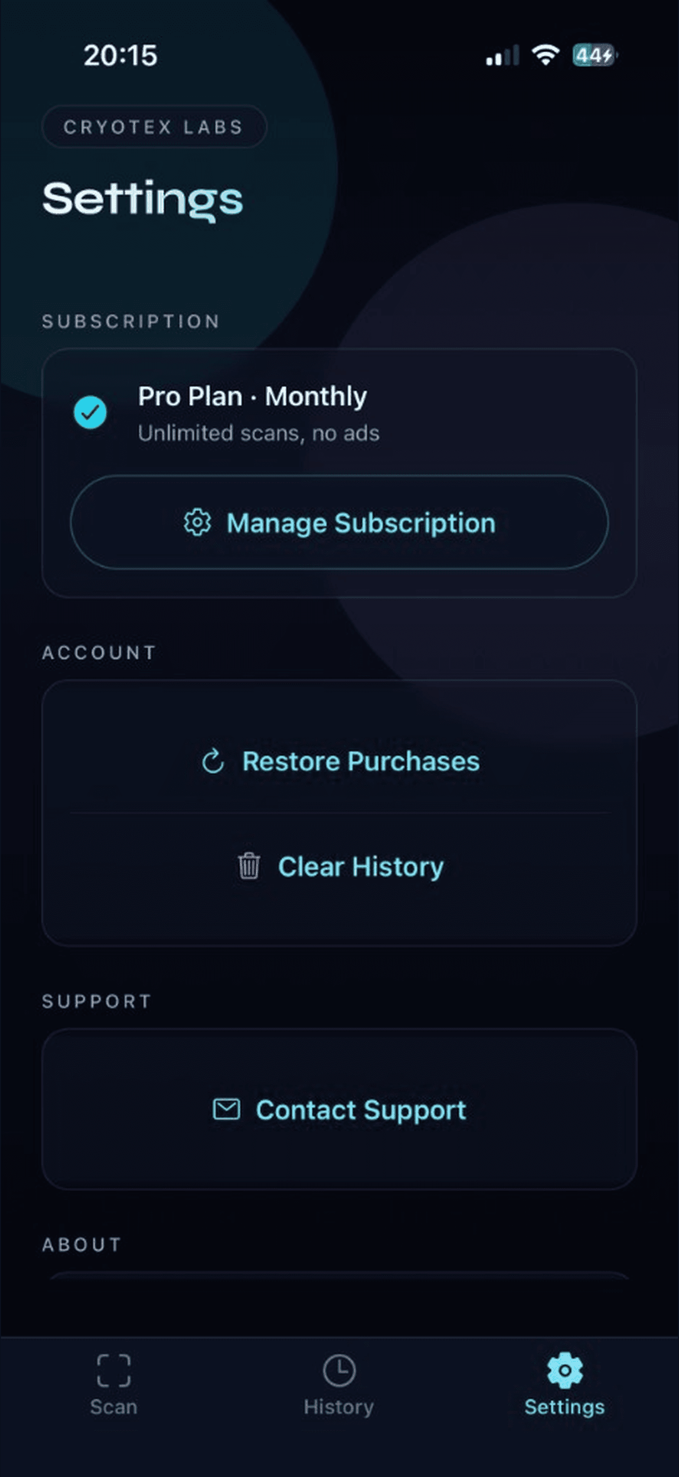 Settings showing model version and subscription